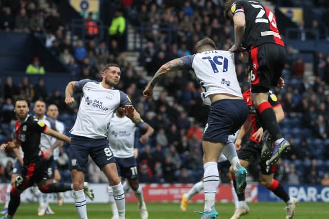 Blackburn Rovers defender Darragh Lenihan gets above PNE's Emil Riis to head his side's third goal at Deepdale