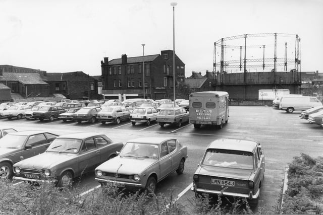 Grundy Street car park in Leyland, with the towering gas works in the background
