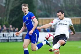 Simon Grand in action for Bamber Bridge in the 3-2 loss to Lancaster City (photo: Ruth Hornby)