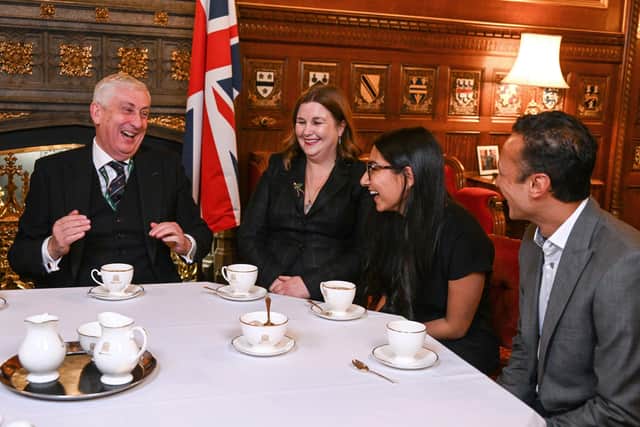 Speaker of the House of Commons Sir Lindsay Hoyle, Patti Clare, Tanisha Gorey and Chris Bisson having tea, as the soap stars were invited to meet the Speaker of the House of Commons to celebrate continuing drama in the North