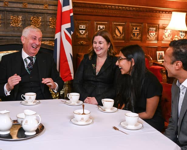 Speaker of the House of Commons Sir Lindsay Hoyle, Patti Clare, Tanisha Gorey and Chris Bisson having tea, as the soap stars were invited to meet the Speaker of the House of Commons to celebrate continuing drama in the North