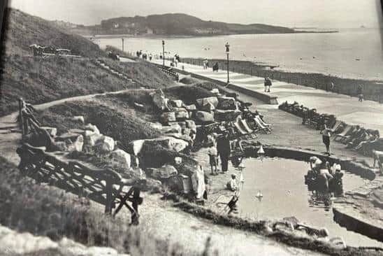 A black and white photo of the lake at Sunny Slopes, Heysham, unknown date.