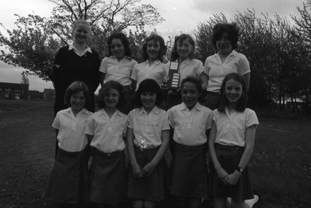 Moor Nook County Primary School netball team, winners of the Preston Schools Tournament. Front, left to right: Pamela Till, Amanda Ashby, Tracy Jackson, Tracy Sherritt and Gillian Ward. Back: Mrs Christine Johnston, Maria Maley, Susan Crook, Tina Sharples and Wendy Tomlinson