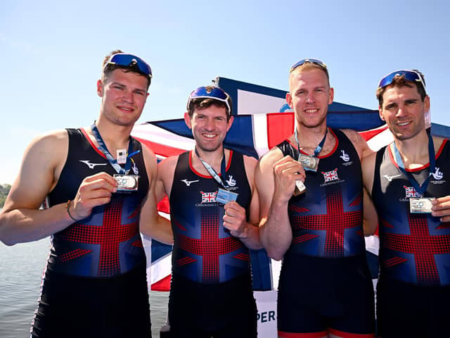 Preston rower Graeme Thomas with Great Britain team-mates Callum Dixon, Tom Barras and Matthew Haywood after winning silver in Varese, Italy. (Photo by Mattia Ozbot/Getty Images )