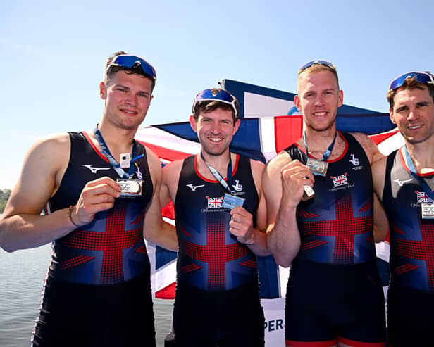 Preston rower Graeme Thomas with Great Britain team-mates Callum Dixon, Tom Barras and Matthew Haywood after winning silver in Varese, Italy. (Photo by Mattia Ozbot/Getty Images )