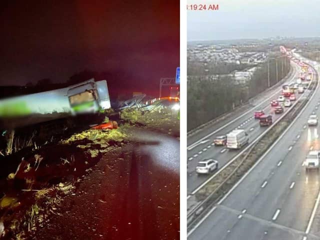 Left: a lorry overturned on the M6 at Juncton 34. Right: Traffic on the M61 leading up to junction 9. Both areas