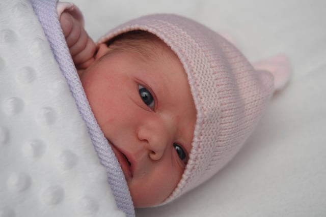 Mila Grace Burrows, born on 10 October at 04:32 weighing 7lb 17, to Becky Heap and Dale Burrows of Adlington