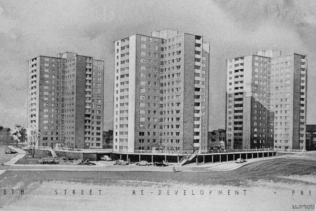 This drawing was prepared in 1960 and is an artist's impression of the new block of flats which are to be built in Preston on the ground between Lancaster Road and Moor Lane, Preston