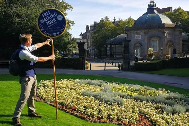 Harrogate Free Walking Tour's genial host Harry makes a point