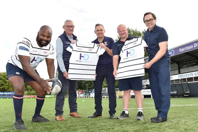 Harrison Drury has renewed its sponsorship of Preston Grasshoppers for three years. Pictured are Oga Mabaya Hugh Duckworth John Chesworth Joel Unsworth Matthew Astley