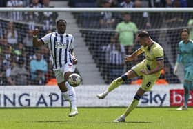 Alan Browne volleys a pass with West Bromwich Albion’s Josh Maja (photo: Lee Parker/CameraSport)