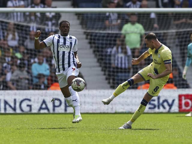 Alan Browne volleys a pass with West Bromwich Albion’s Josh Maja (photo: Lee Parker/CameraSport)