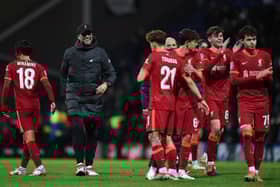 Jurgen Klopp and his Liverpool players at Deepdale after the Carabao Cup round of 16 clash in 2021