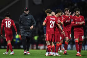 Jurgen Klopp and his Liverpool players at Deepdale after the Carabao Cup round of 16 clash in 2021