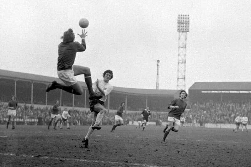 Preston North End V QPR  March 25th 1972
QPR keeper Phil Parkes jumps high to gather the ball