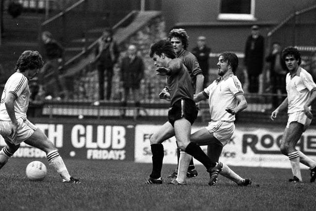 1981 Sport: Bristol City v Preston North End, Barry Dunn makes a challenge as Andy McAteer and Gary Buckley look on