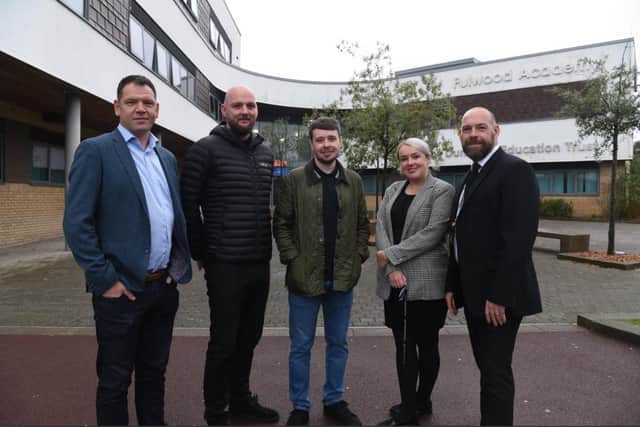 (From left) Lee McAteer, Frank Kaye and Gordie Smyth at Fulwood Academy with Katie Kaye and Principal Andrew Galbraith.