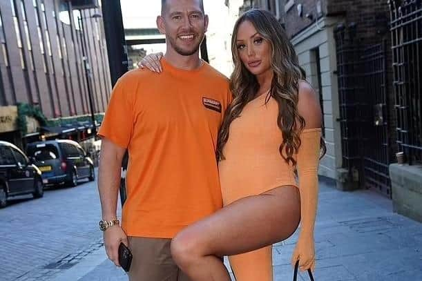 Charlotte Crosby with her boyfriend Jake Ankers. Charlotte is wearing an outfit for the couple's gender reveal party, made  by Burnley born fashion designer Carrie-Ann Kay