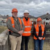 (L-R): Cllr Robert Boswell, Cabinet member for environment, PCC; Reece Brindle, Senior Engineer at VolkerStein contractors; Cllr Carol Henshaw, Cabinet member for climate change, PCC