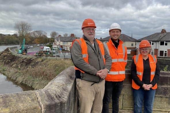 (L-R): Cllr Robert Boswell, Cabinet member for environment, PCC; Reece Brindle, Senior Engineer at VolkerStein contractors; Cllr Carol Henshaw, Cabinet member for climate change, PCC