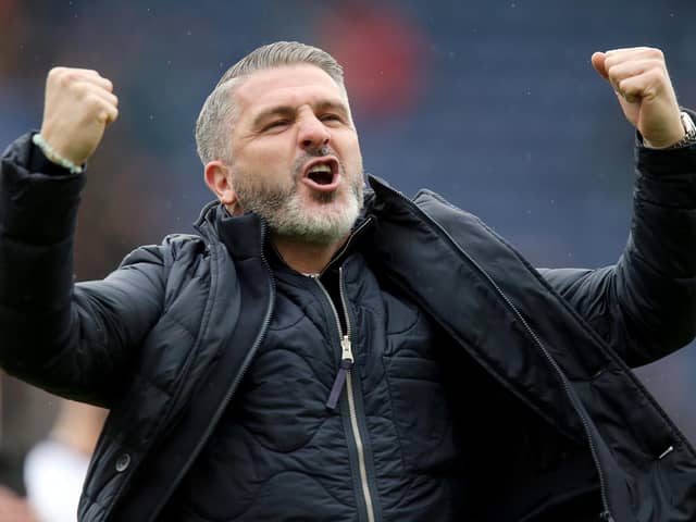 Preston North End manager Ryan Lowe celebrates at the final whistle