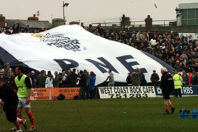 Preston North End fans make themselves known with a giant flag at Bloomfield Road in the game against Blackpool in 2008