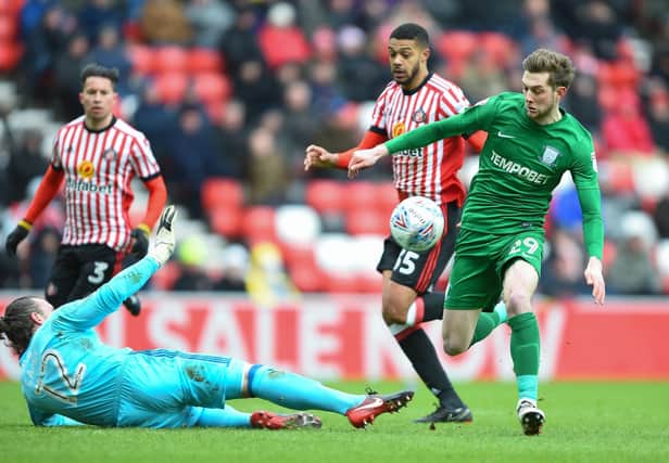 Sunderland's Lee Camp makes a save from Preston's Tom Barkhuizen.