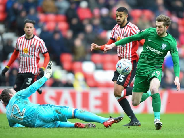 Sunderland's Lee Camp makes a save from Preston's Tom Barkhuizen.