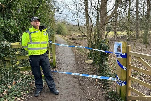 Officers have taped off a footpath leading to the riverside bench where the 45-year-old’s phone was discovered and where her Springer Spaniel dog was found alone and loose last Friday (January 27)