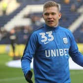 Ethan Walker warming up prior to his PNE debut against Aston Villa.
