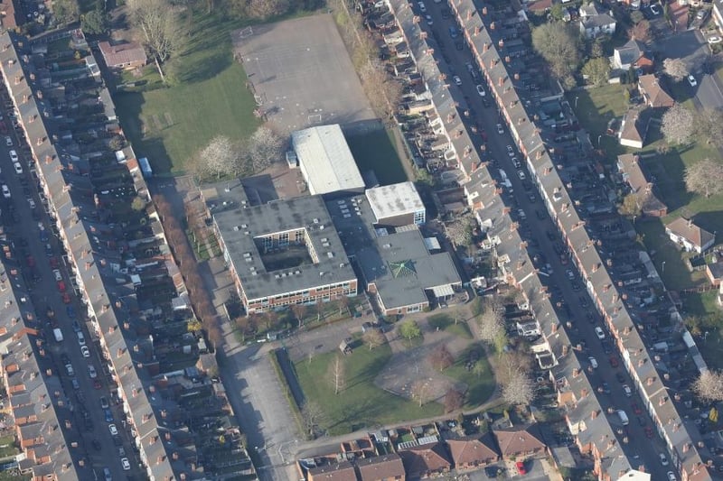 Looking down on Hucknall National Primary School with Montague Street to the left and Carlingford Road to the right