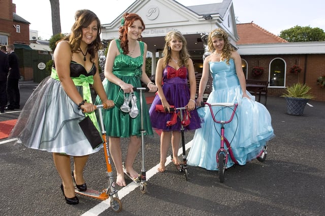 Francesca Watson, 16, Paula Stabbings, 16, Laura Sinfield, 16 and Lydia Bailey, 16, all arrived on scooters for their 2010 Archbishop Temple High School prom at the Pines in Clayton-le-Woods
