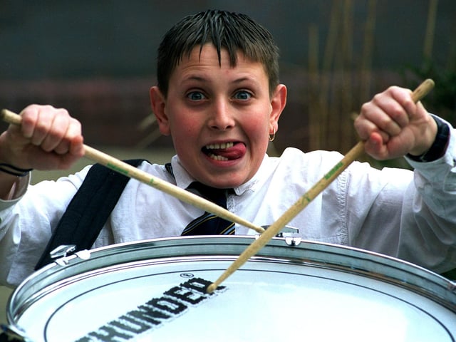 He's got the beat... year 10 pupil Ian Thompson, 14, from Ribbleton Hall High School, performs during the drum workshop held at the school back in 1997