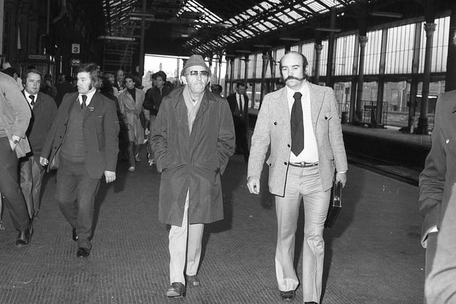Bing Crosby arrives at Preston railway station ahead of his sold-out concert at Preston Guild Hall on September 22, 1977