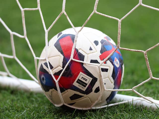 STOKE ON TRENT, ENGLAND - APRIL 29: The Sky Bet Championship match ball is seen in the goal prior to the Sky Bet Championship between Stoke City and Queens Park Rangers at Bet365 Stadium on April 29, 2023 in Stoke on Trent, England. (Photo by Nathan Stirk/Getty Images)