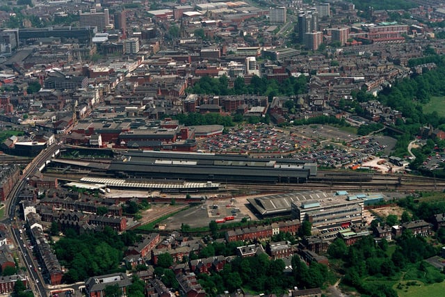 Preston railway station and the town centre sprawling around it - picture taken in 1997