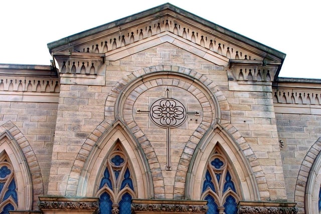 Brickwork above large leaded windows on Fishergate Methodist Church, Fishergate, Preston