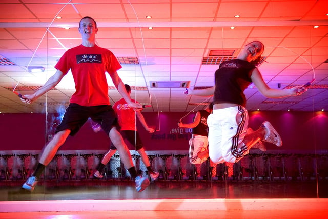 Louis Shields and Hannah Stocker during the Skiptrix demonstration at Fitness First in Deepdale