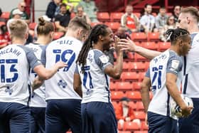 Preston North End players celebrate Daniel Johnson's equaliser against Barnsley at Oakwell in April