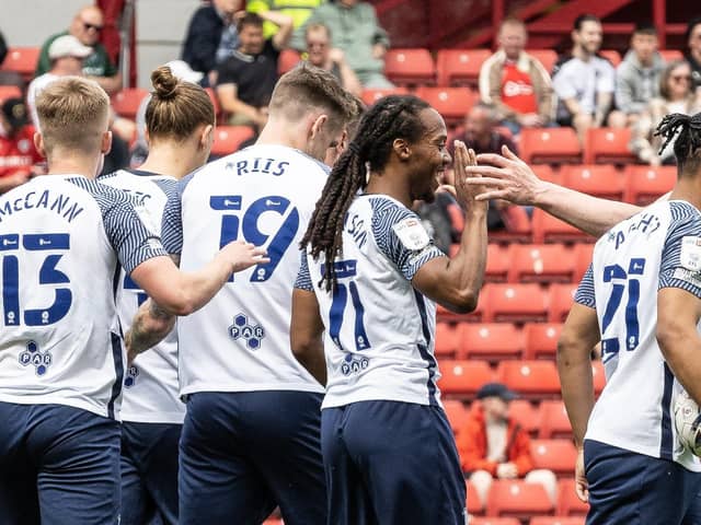 Preston North End players celebrate Daniel Johnson's equaliser against Barnsley at Oakwell in April