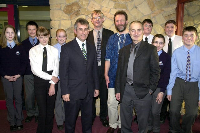 Tony Robinson with pupils and staff from Garstang High School as part of his visit to crown Garstang as 'world's first fairtrade town'