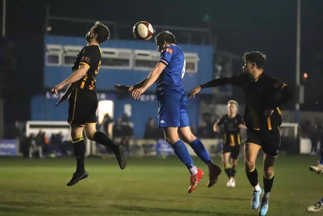 Lancaster City's Glenn Steel heads towards goal (photo:Phil Dawson)