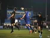 Lancaster City's Glenn Steel heads towards goal (photo:Phil Dawson)