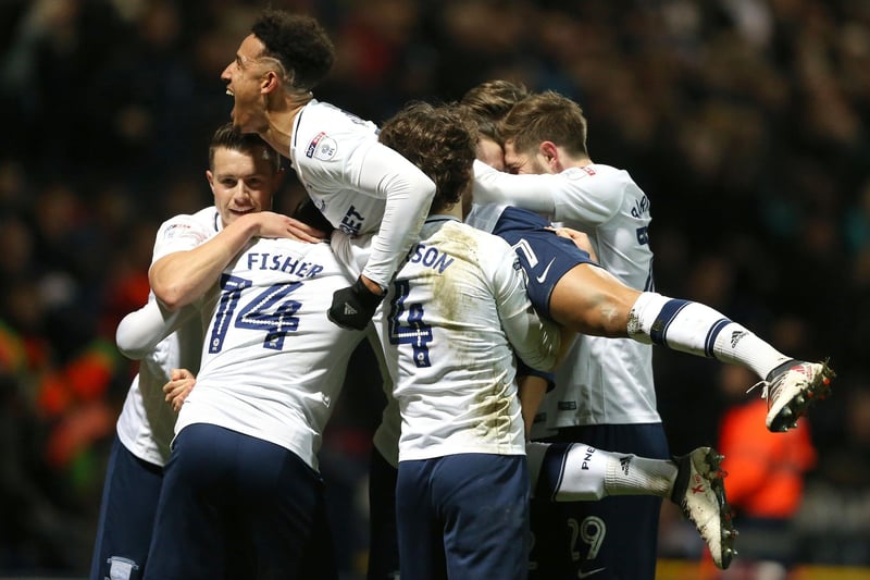 Preston North End's Alan Browne (hidden) celebrates scoring his side's first goal of the game