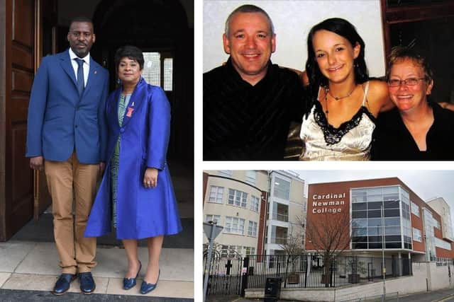 Left: Doreen Delceita Lawrence, Baroness Lawrence and her son Stuart. Top right: John and Penny Clough with their daughter, Jane. Bottom right: Cardinal Newman College