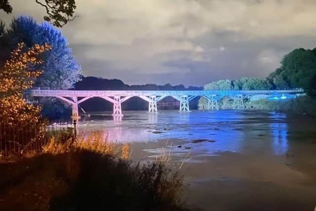 The Old Tram Bridge during a multi-coloured makeover in September 2021 when a light show was used to highlight growing calls to reinstate the 220-year-old crossing point (image:  CDS events)