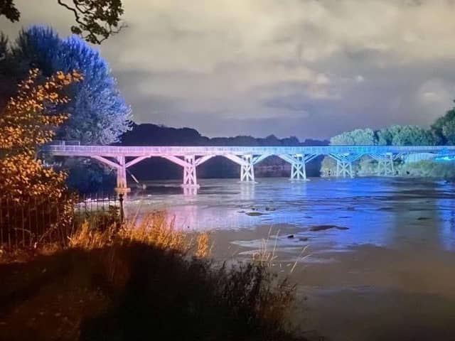 The Old Tram Bridge during a multi-coloured makeover in September 2021 when a light show was used to highlight growing calls to reinstate the 220-year-old crossing point (image:  CDS events)