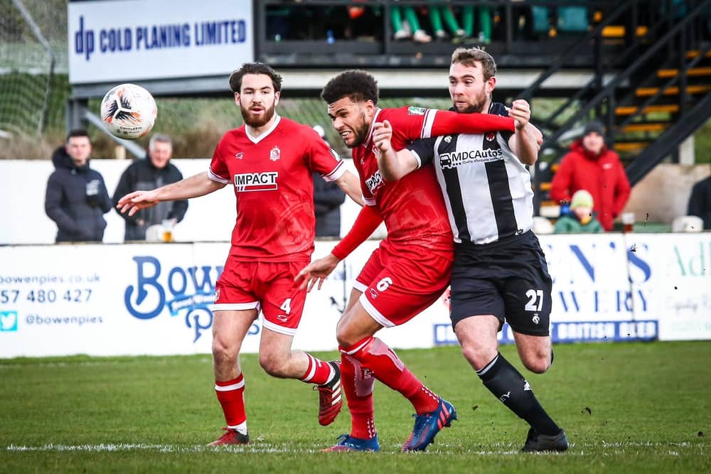 Connor Hall tries to find a way through the Alfreton defence (photo: Stefan Willoughby)