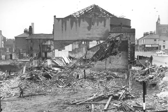 Still standing amongst demolished properties in front of the Harris College is the empty shell of the old Star Cinema in Fylde Road, Preston. This picture was taken in 1963
