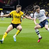 Preston North End's Alvaro Fernandez competing with Watford's Craig Cathcart